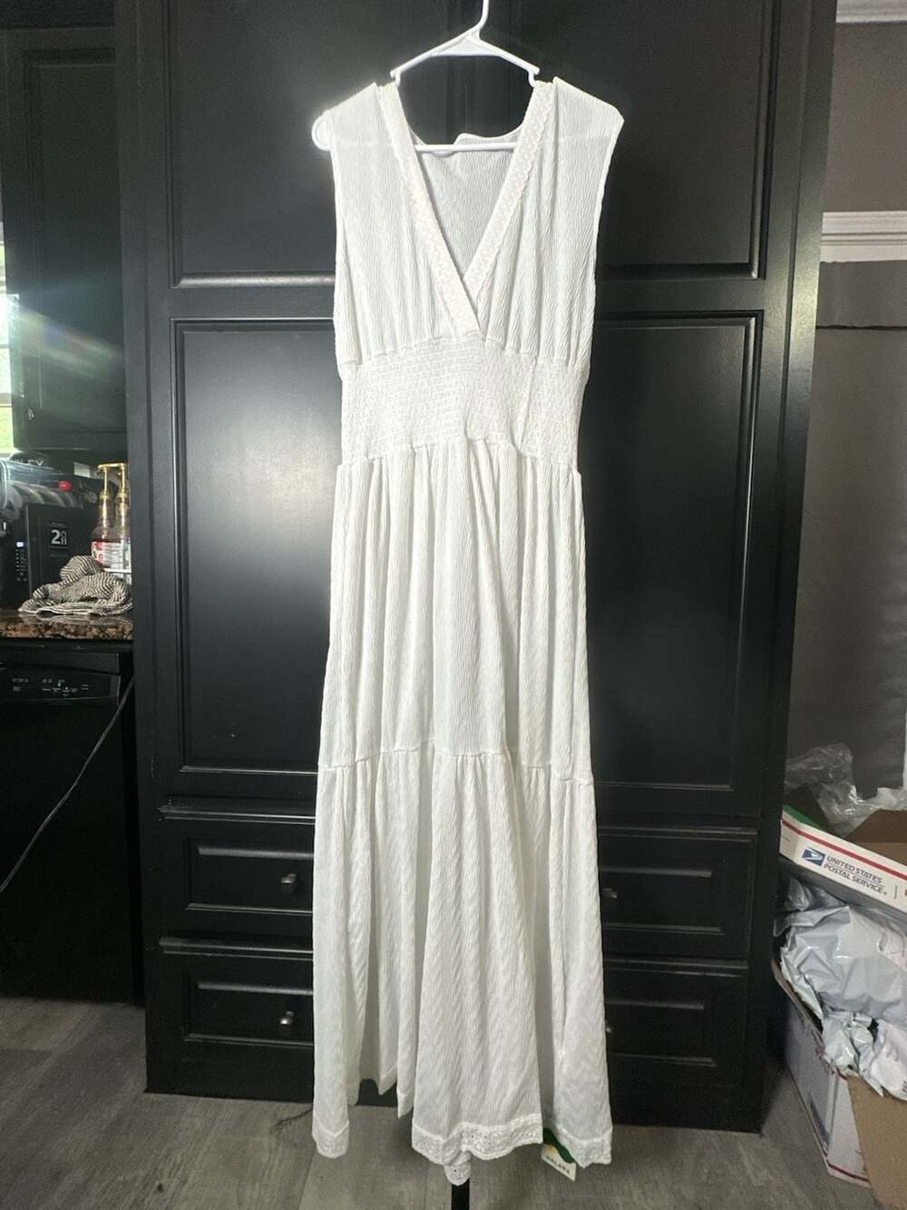 Halara S V-Neck Tiered Maxi Dress with Smocked Waist and Crochet Trim#843